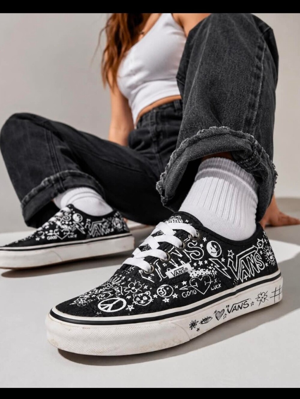 Vans Graffiti Doodle Peace Love Black Cat Skater Sneakers Shoes Women 6.5 Men 5
